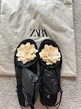 ZARA Black Sandals with Cream Floral Appliqués